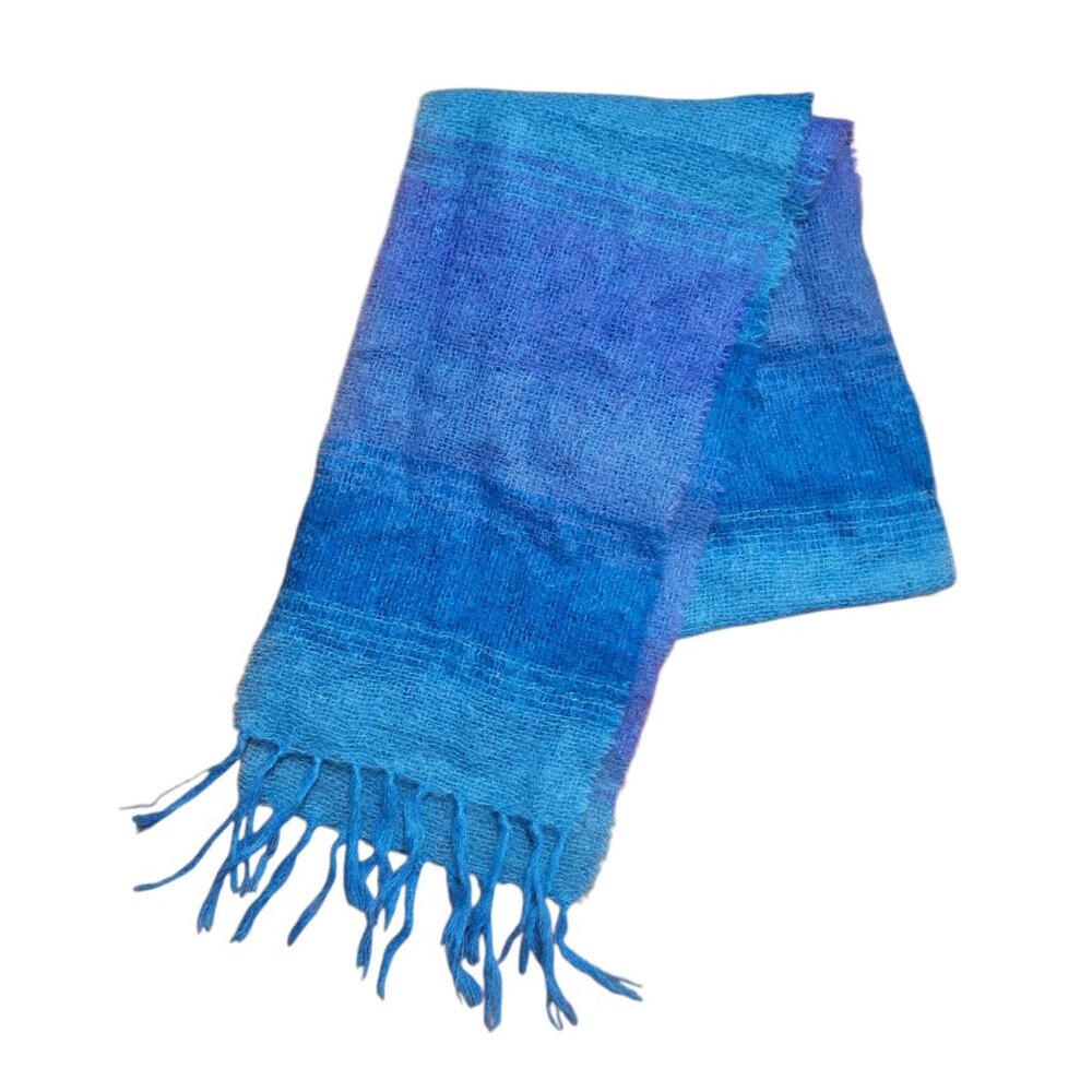 John Hanly Ireland Mohair & Wool Scarf Muffler Blue Green Purple Fringed 10"x74"